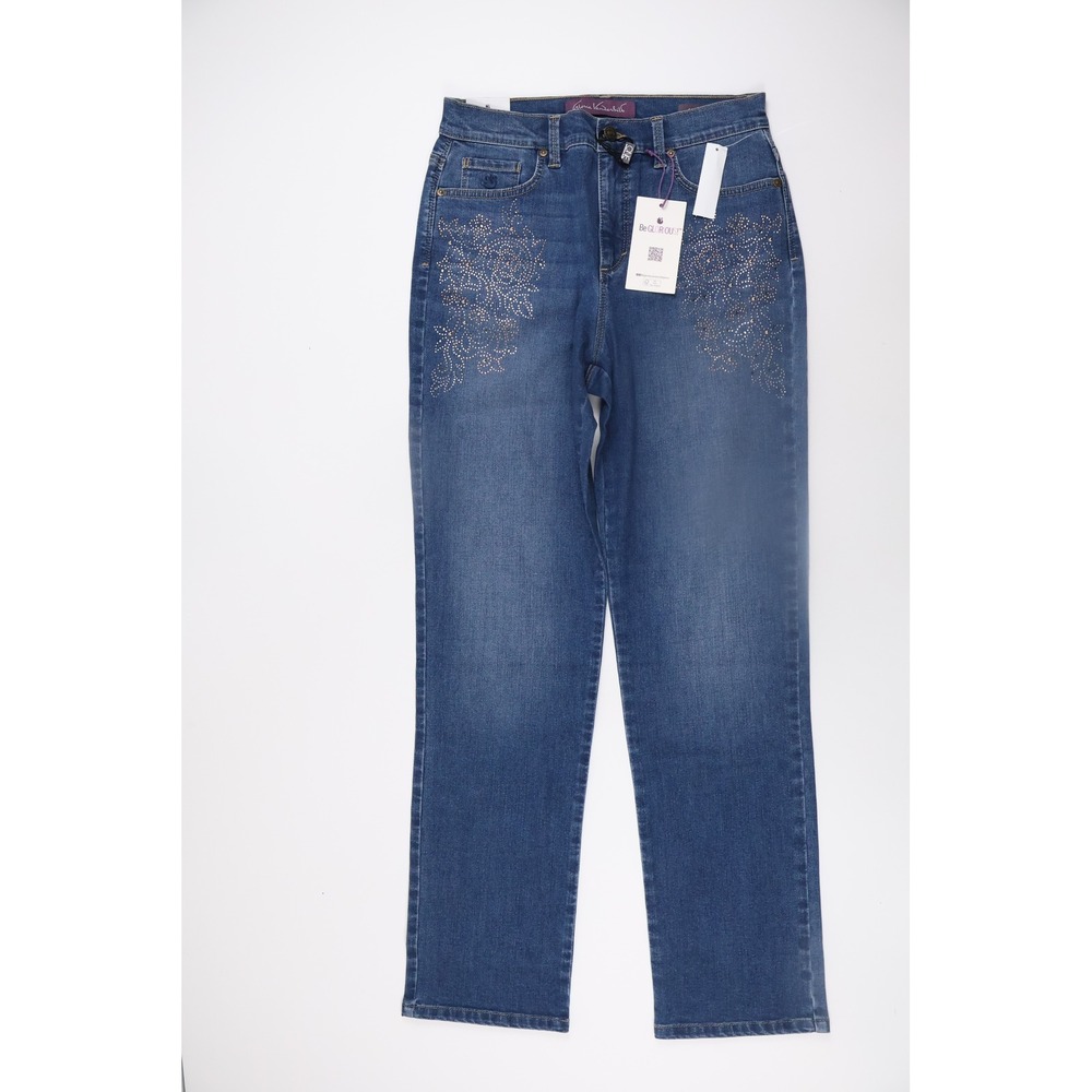 Gloria Vanderbilt Jeans Amanda Slimming Blue Floral Rhinestone 6 NWT